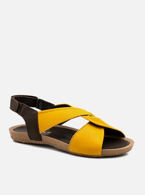 Sandália em Couro Amarração Alice Amarelo e Café