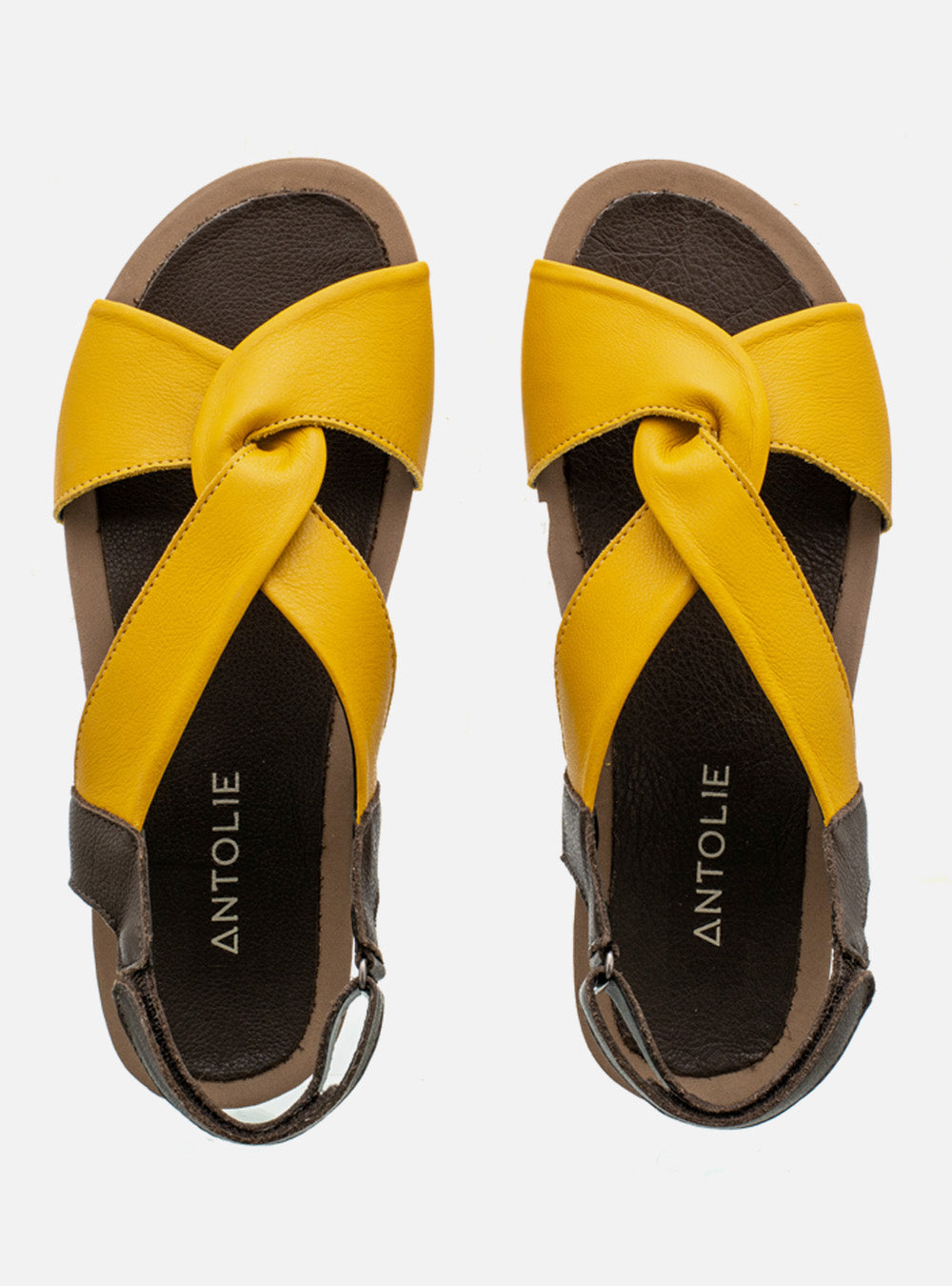 Sandália em Couro Amarração Alice Amarelo e Café