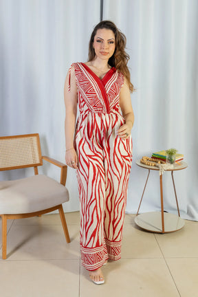 Macacão Regata Decote "V" Visco Rústico Emily Estampado Vermelho