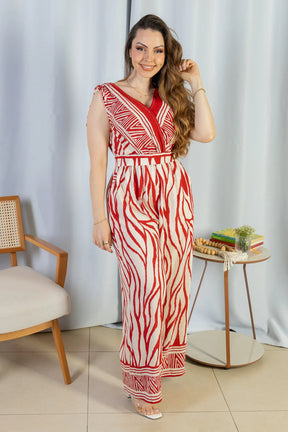 Macacão Regata Decote "V" Visco Rústico Emily Estampado Vermelho