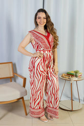 Macacão Regata Decote "V" Visco Rústico Emily Estampado Vermelho