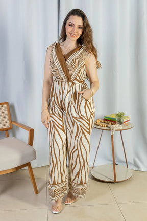 Macacão Regata Decote "V" Visco Rústico Emily Estampado Marrom