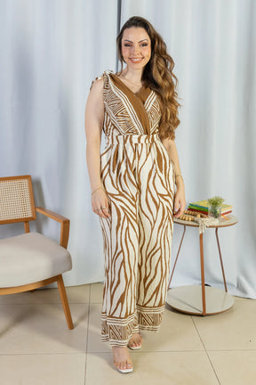 Macacão Regata Decote "V" Visco Rústico Emily Estampado Marrom