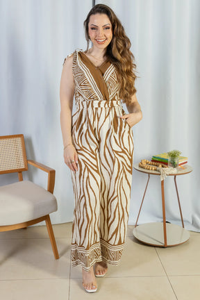 Macacão Regata Decote "V" Visco Rústico Emily Estampado Marrom