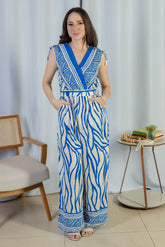 Macacão Regata Decote "V" Visco Rústico Emily Estampado Azul