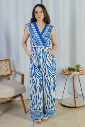 Macacão Regata Decote "V" Visco Rústico Emily Estampado Azul