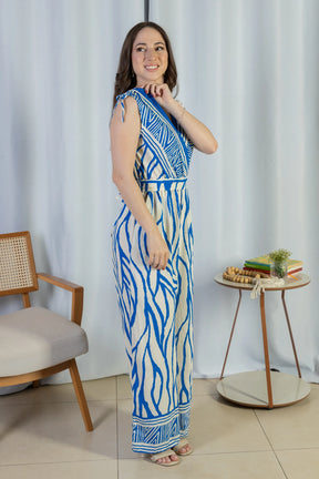 Macacão Regata Decote "V" Visco Rústico Emily Estampado Azul