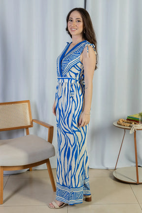 Macacão Regata Decote "V" Visco Rústico Emily Estampado Azul