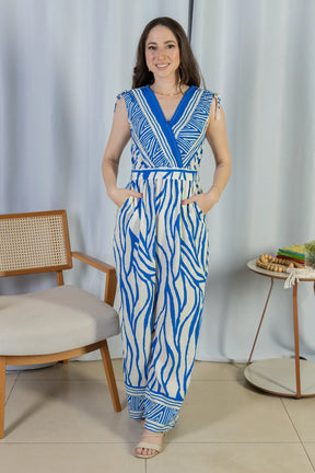 Macacão Regata Decote "V" Visco Rústico Emily Estampado Azul