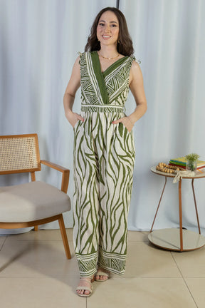 Macacão Regata Decote "V" Visco Rústico Emily Estampado Verde