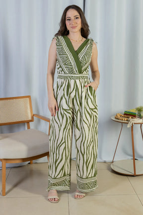 Macacão Regata Decote "V" Visco Rústico Emily Estampado Verde