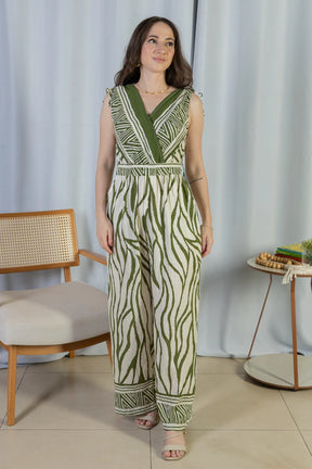 Macacão Regata Decote "V" Visco Rústico Emily Estampado Verde