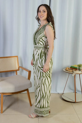 Macacão Regata Decote "V" Visco Rústico Emily Estampado Verde