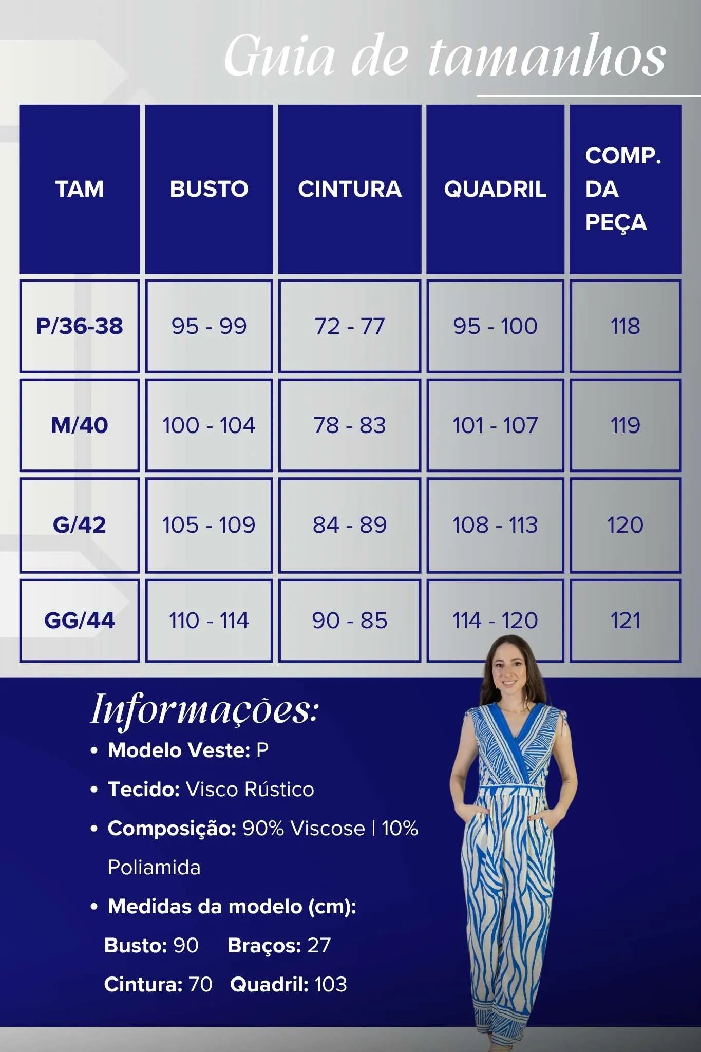 Macacão Regata Decote "V" Visco Rústico Emily Estampado Azul