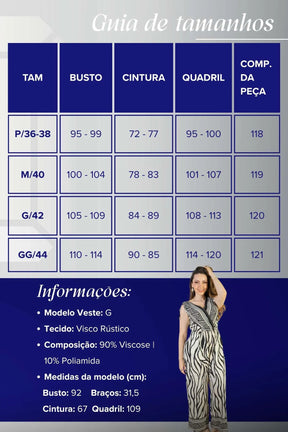 Macacão Regata Decote "V" Visco Rústico Emily Estampado Preto