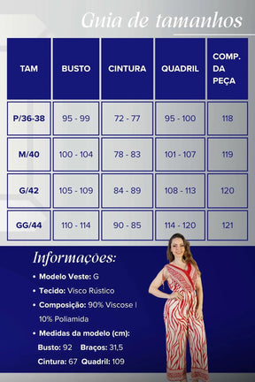 Macacão Regata Decote "V" Visco Rústico Emily Estampado Vermelho