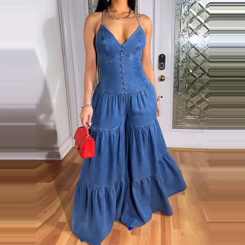 Macacão Jeans Decote em V