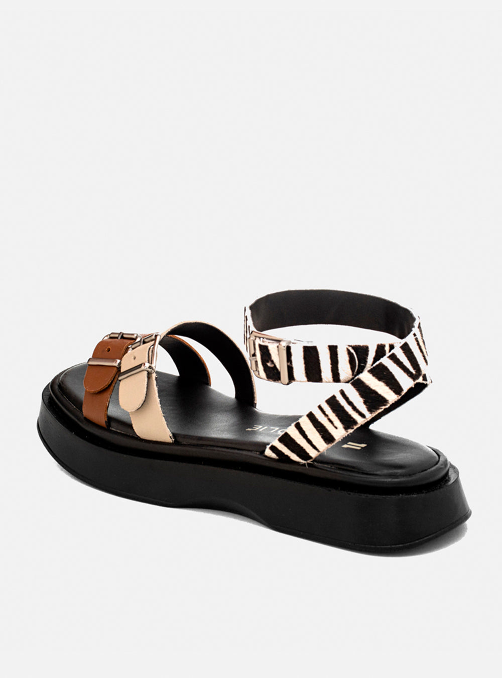 Flatform em Couro Fivelas Bia Caramelo Off White e Animal Print Zebra
