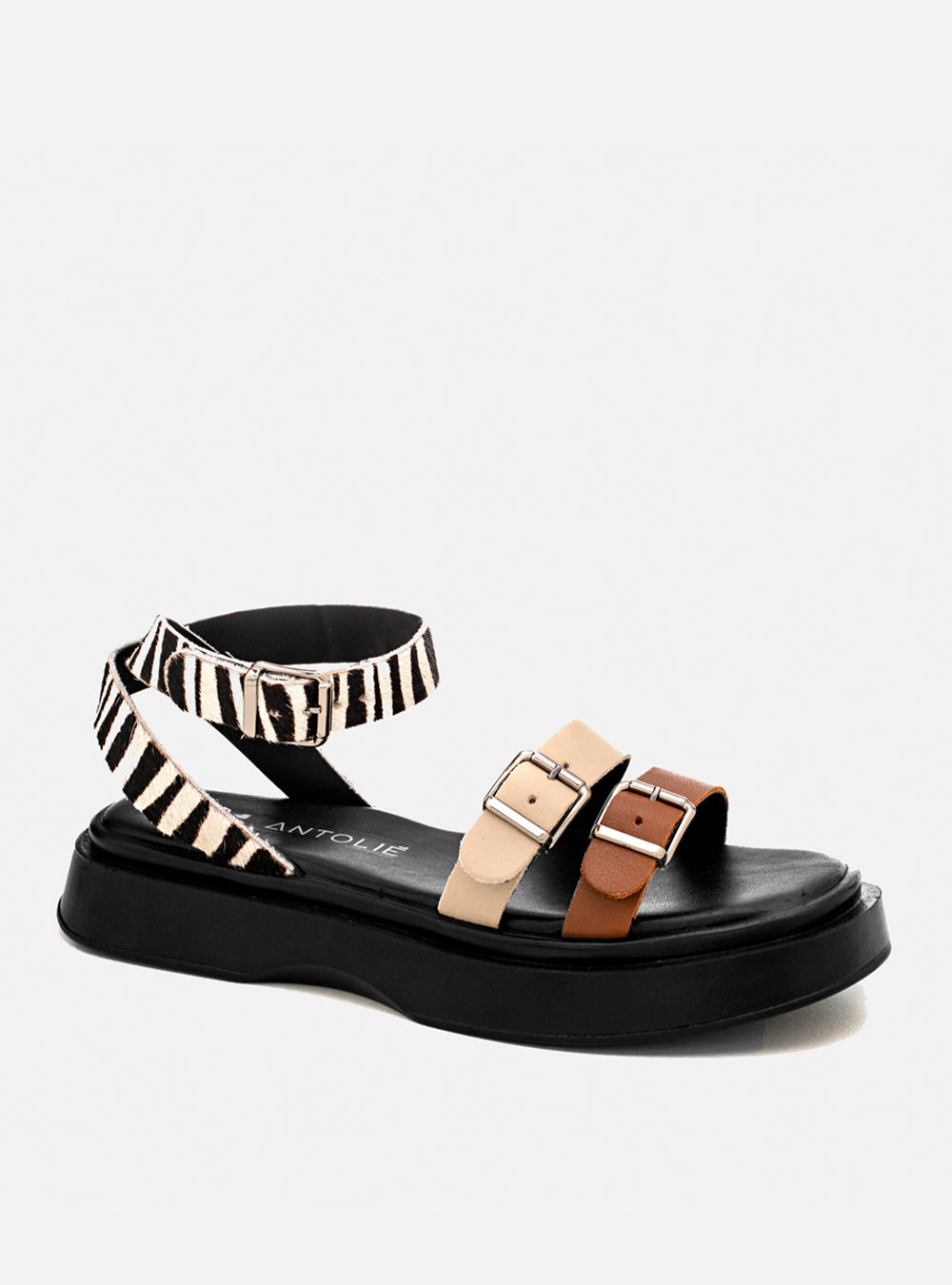 Flatform em Couro Fivelas Bia Caramelo Off White e Animal Print Zebra