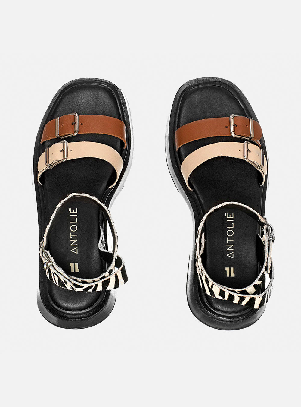 Kit Duo Flatform | Flatform em Couro Tiras Cruzadas Bia Preto + Flatform em Couro Fivelas Bia Caramelo Off White e Animal Print Zebra