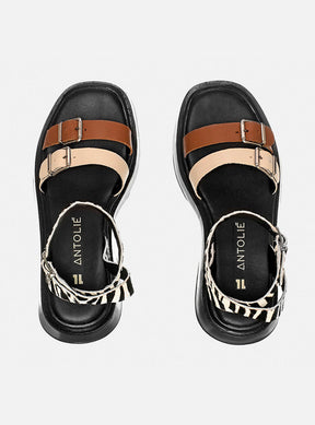 Kit Duo Flatform | Flatform em Couro Tiras Cruzadas Bia Preto + Flatform em Couro Fivelas Bia Caramelo Off White e Animal Print Zebra