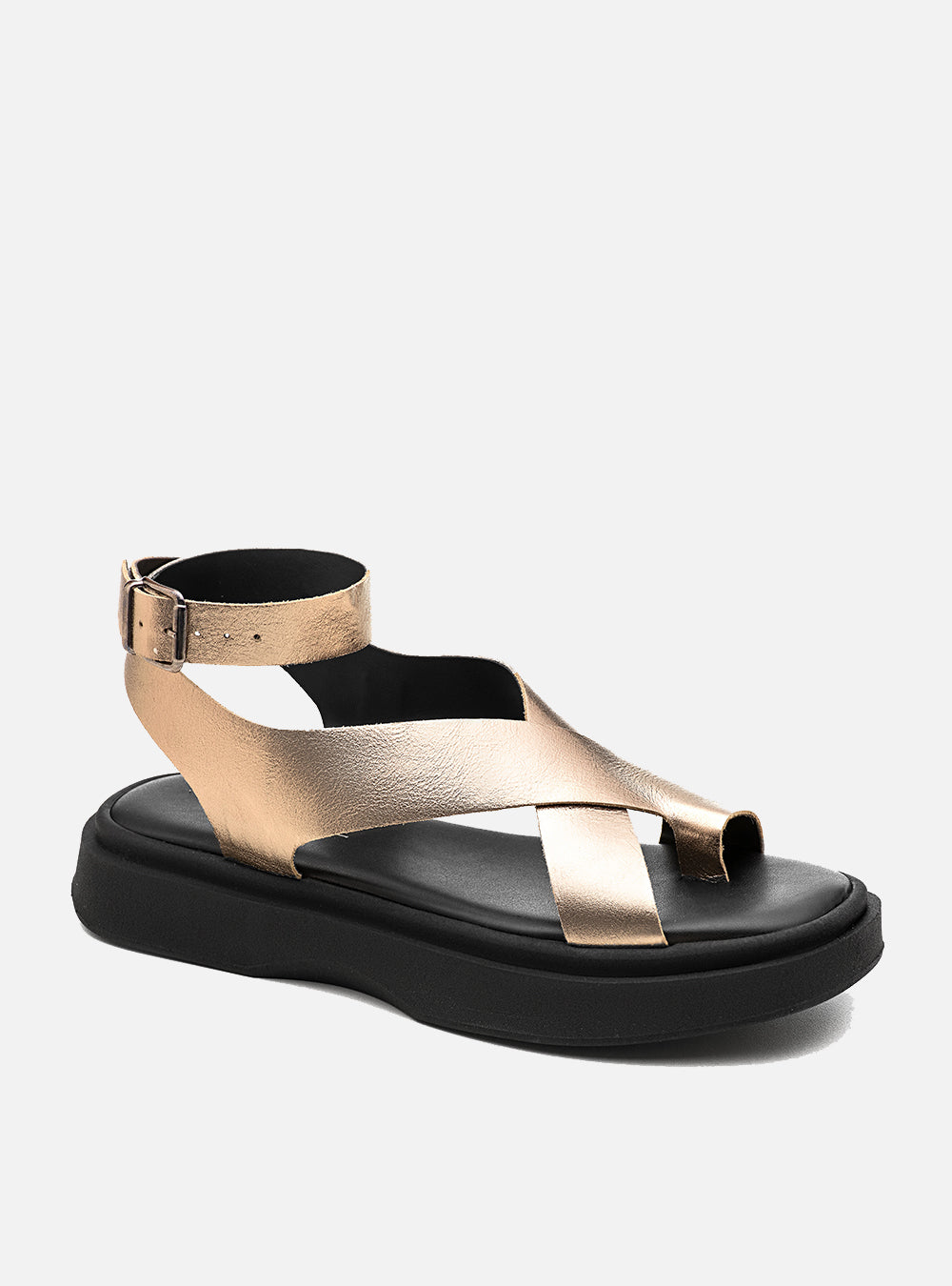 Flatform em Couro Tiras Cruzadas Bia Prata Velho