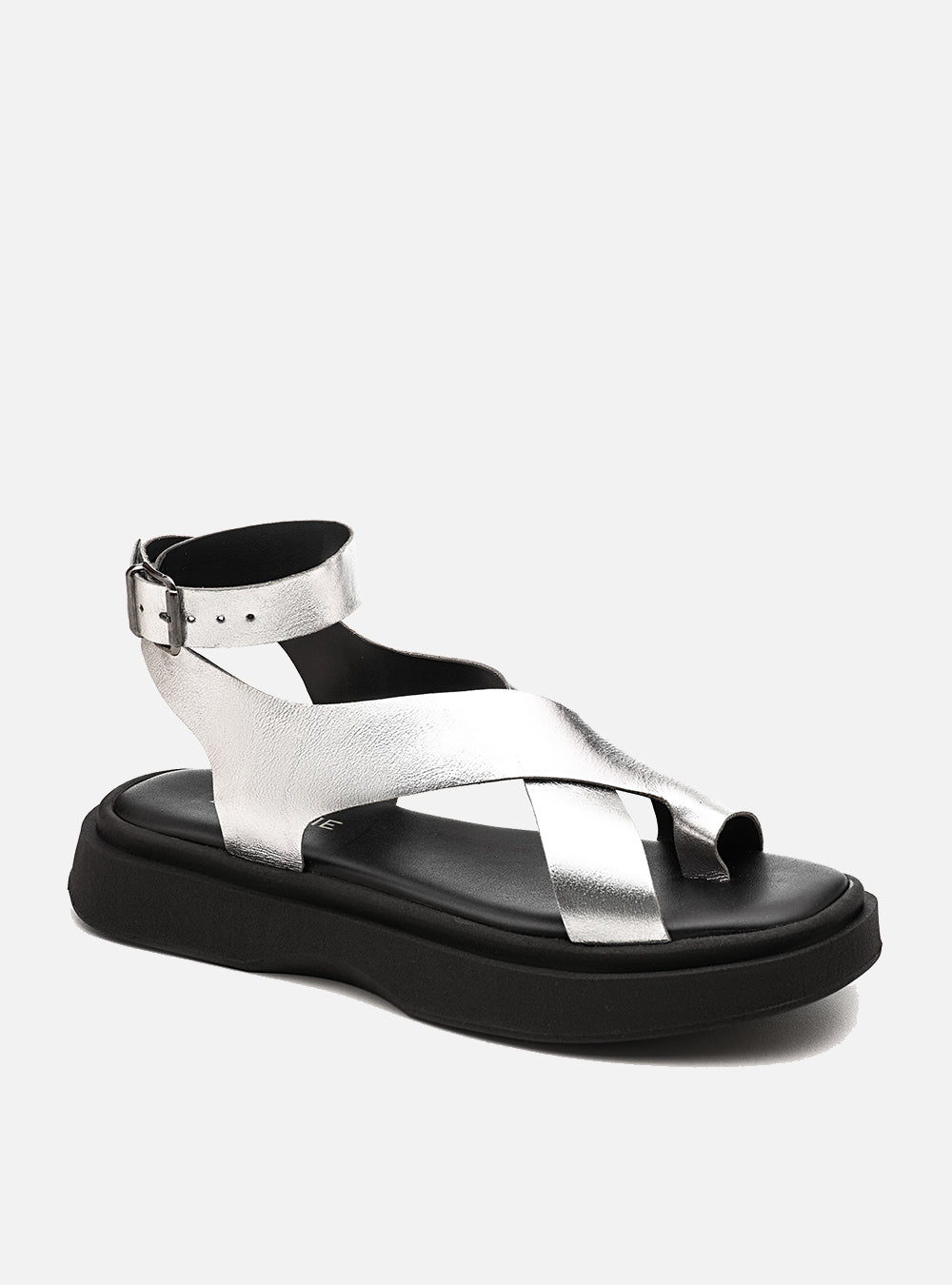 Flatform em Couro Tiras Cruzadas Bia Prata