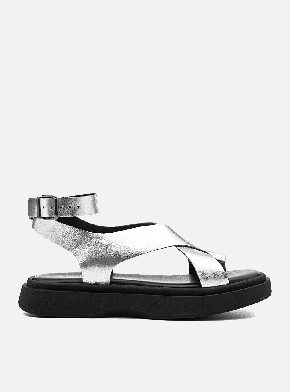 Flatform em Couro Tiras Cruzadas Bia Prata