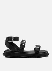 Flatform em Couro Tiras e Fivelas Rafaela Preto