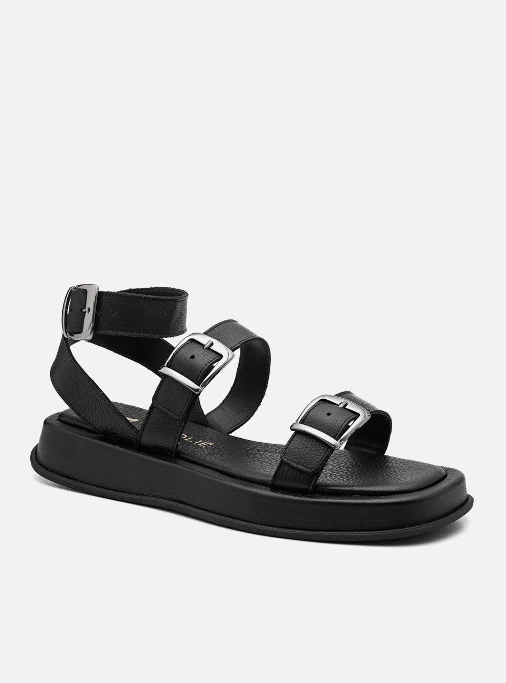 Flatform em Couro Tiras e Fivelas Rafaela Preto