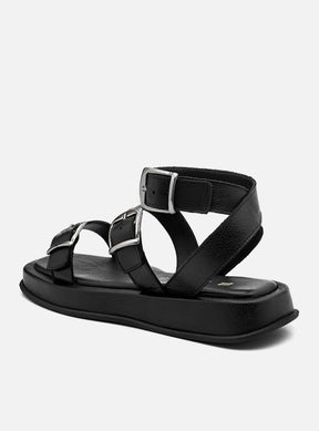 Flatform em Couro Tiras e Fivelas Rafaela Preto