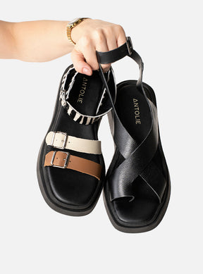 Kit Duo Flatform | Flatform em Couro Tiras Cruzadas Bia Preto + Flatform em Couro Fivelas Bia Caramelo Off White e Animal Print Zebra