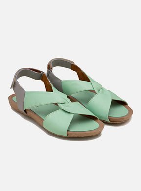 Sandália Comfort em Couro Amarração Alice Verde Água e Cinza