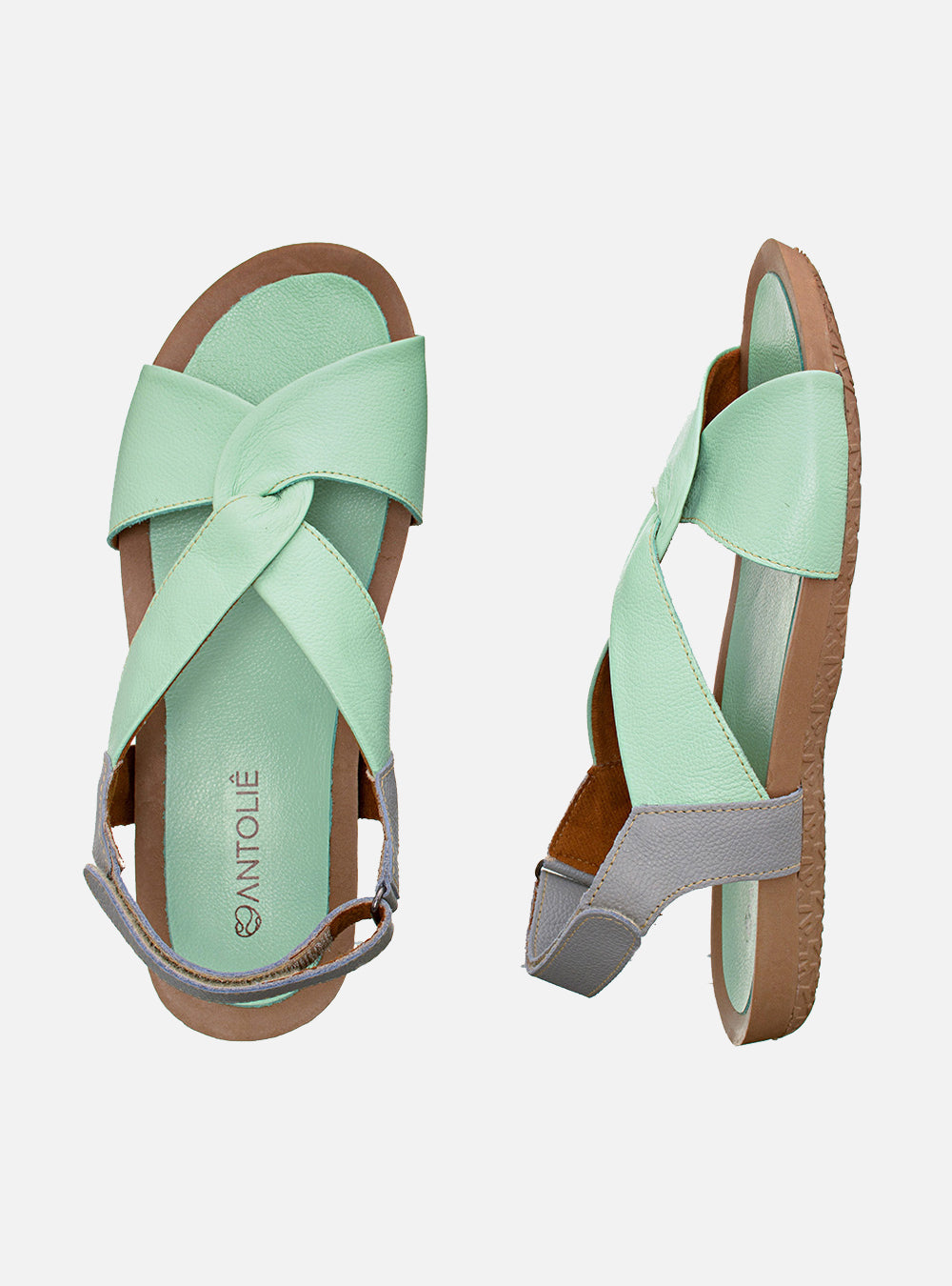 Sandália Comfort em Couro Amarração Alice Verde Água e Cinza