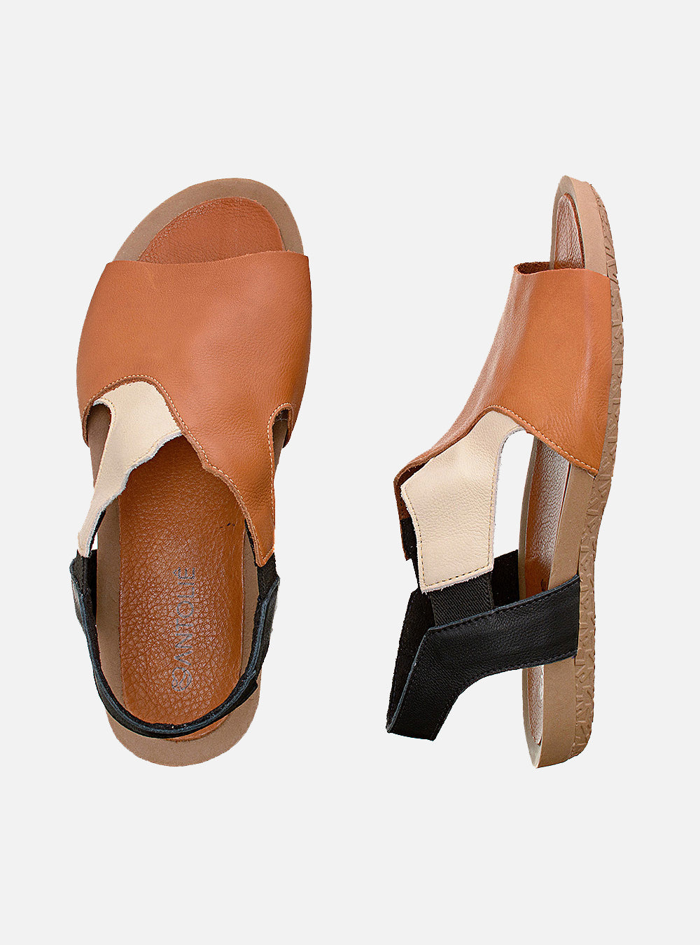 Sandália Comfort em Couro Tri Alice Caramelo Off White e Preto