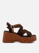 Sandália em Couro Acamurçada Café Plataforma Madeira Tiras Transpassadas