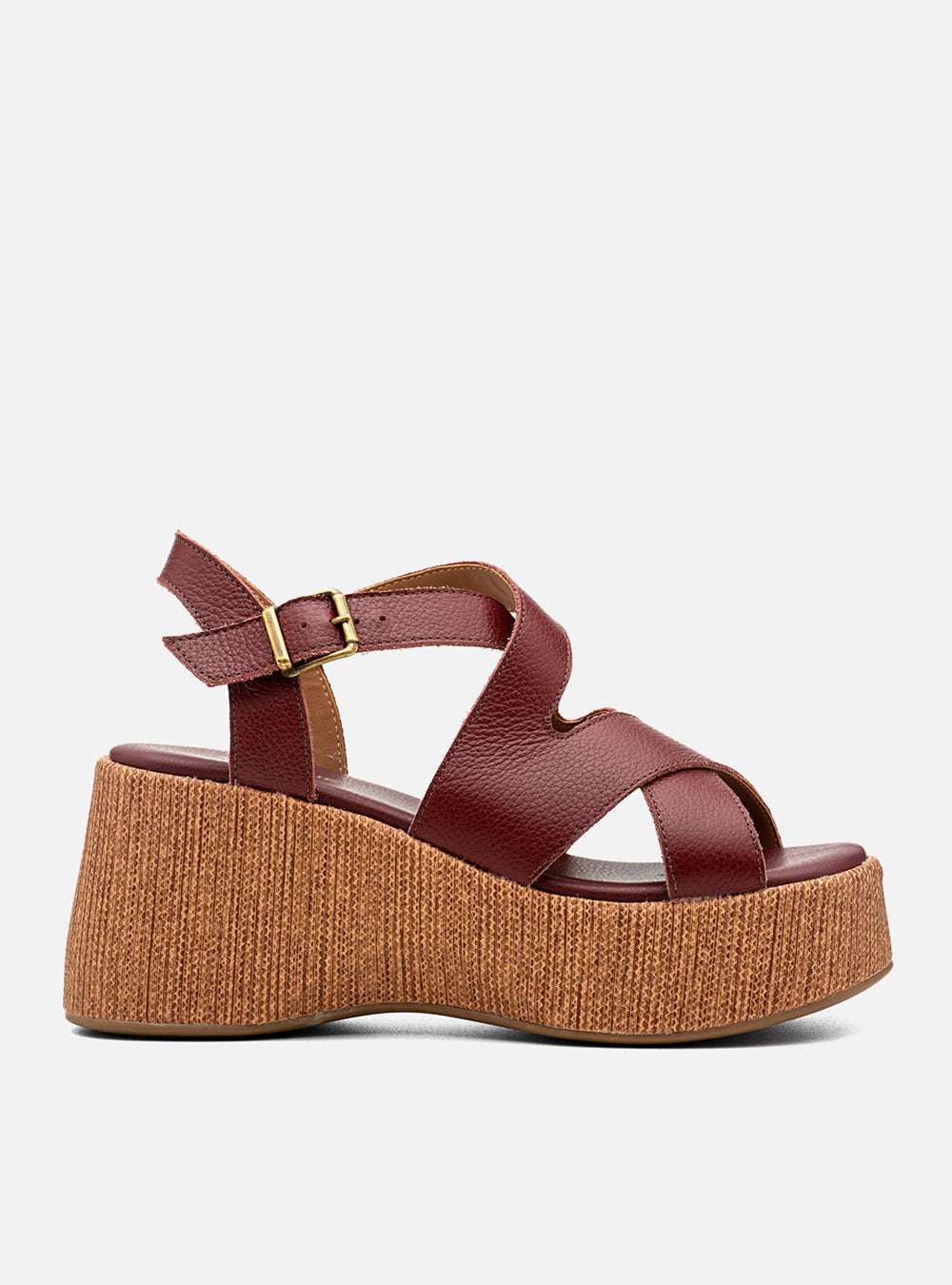 Sandália em Couro Bordô Plataforma Trama Tiras Transpassadas