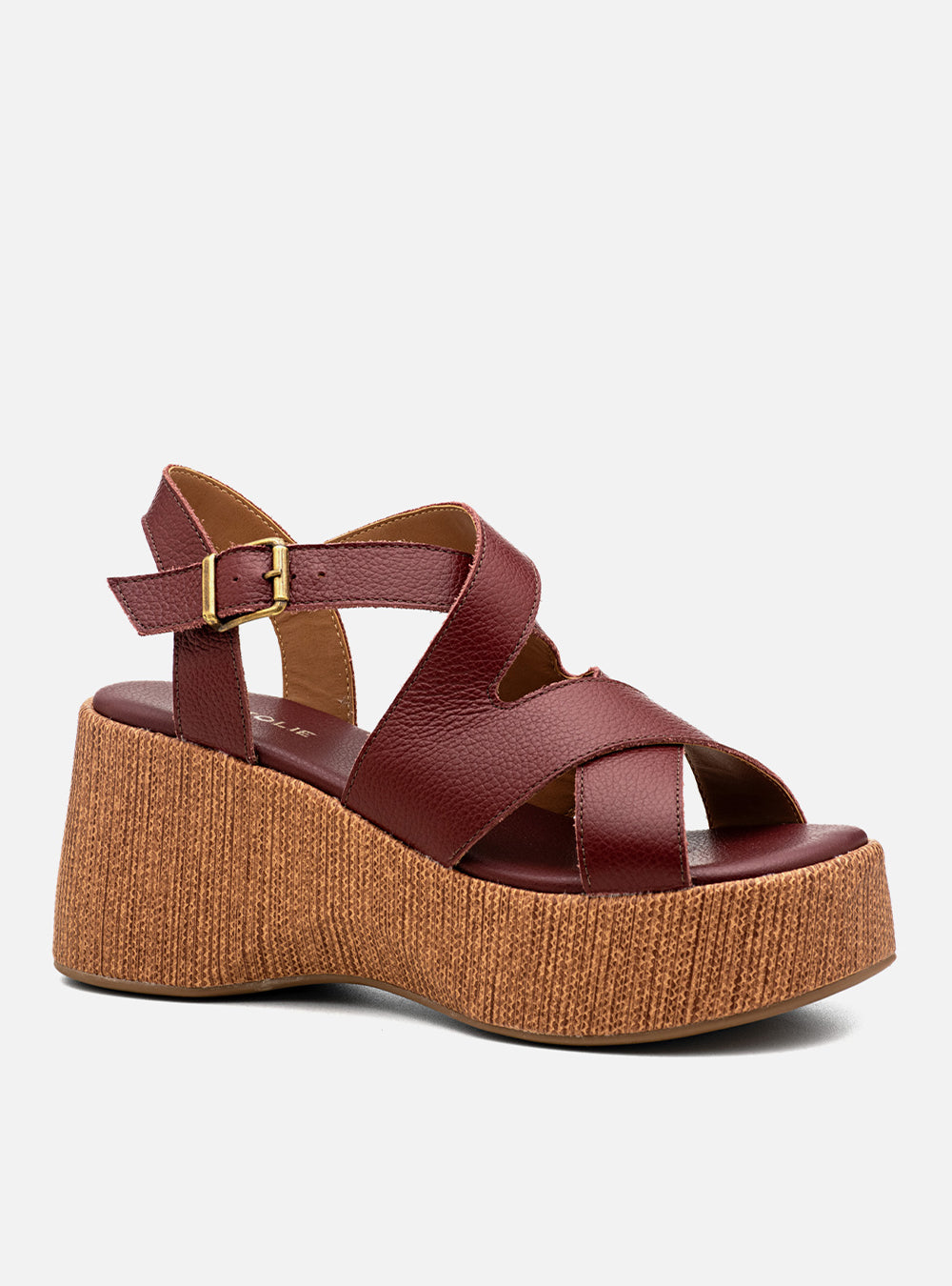 Sandália em Couro Bordô Plataforma Trama Tiras Transpassadas