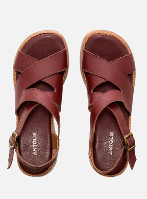 Sandália em Couro Bordô Plataforma Trama Tiras Transpassadas