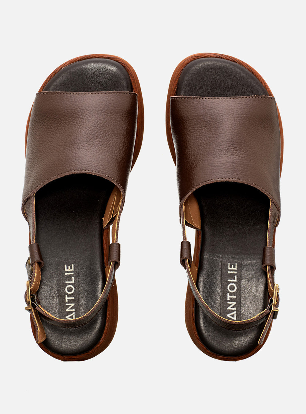 Sandália em Couro Café Plataforma Madeira Tira Lisa