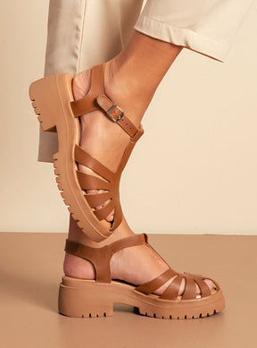 Sandália em Couro Fisherman Salto Morgan Caramelo