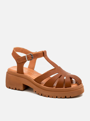 Sandália em Couro Fisherman Salto Morgan Caramelo