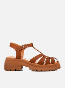 Sandália em Couro Fisherman Salto Morgan Caramelo