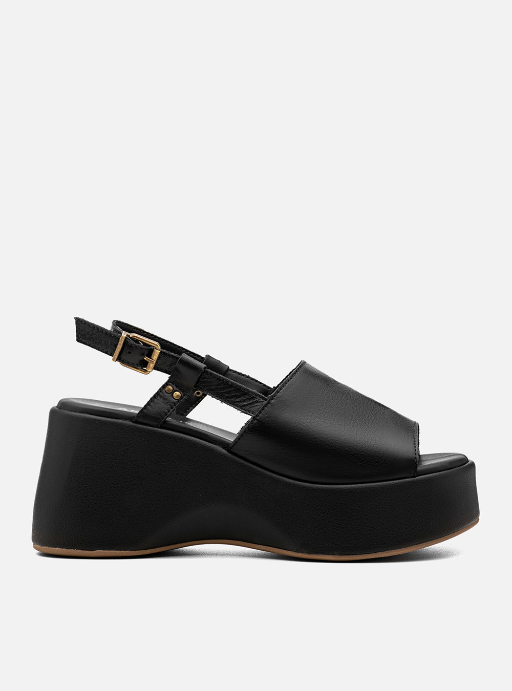 Sandália em Couro Preta Plataforma Tira Lisa