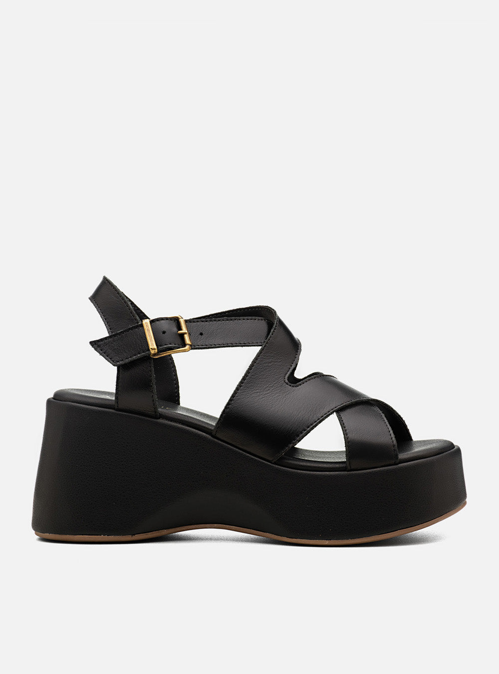 Sandália em Couro Preta Plataforma Tiras Transpassadas