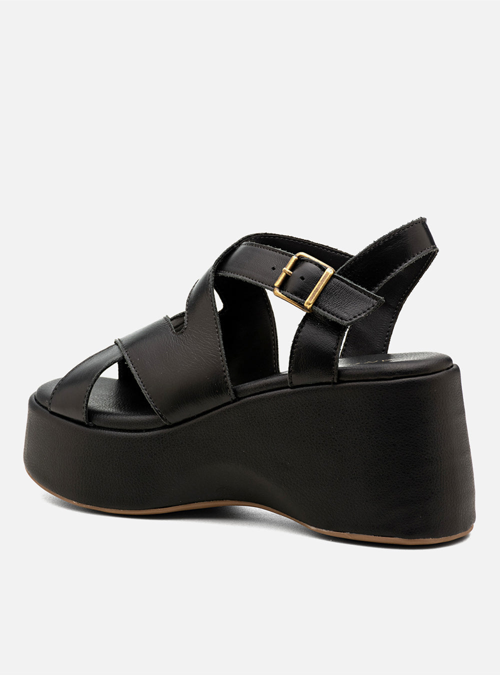 Sandália em Couro Preta Plataforma Tiras Transpassadas