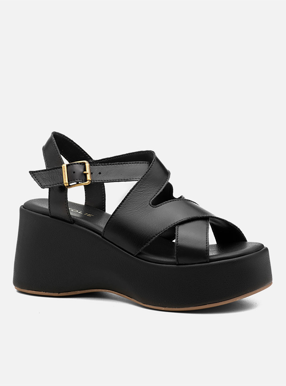 Sandália em Couro Preta Plataforma Tiras Transpassadas