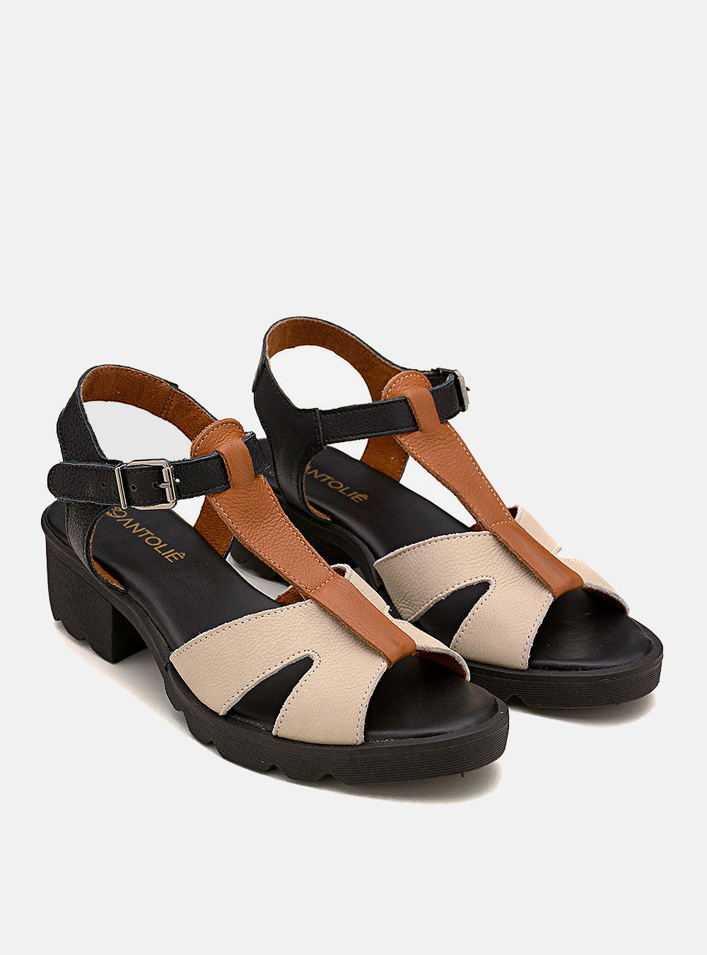 Sandália em Couro Tiras Valentina Off White Caramelo e Preto