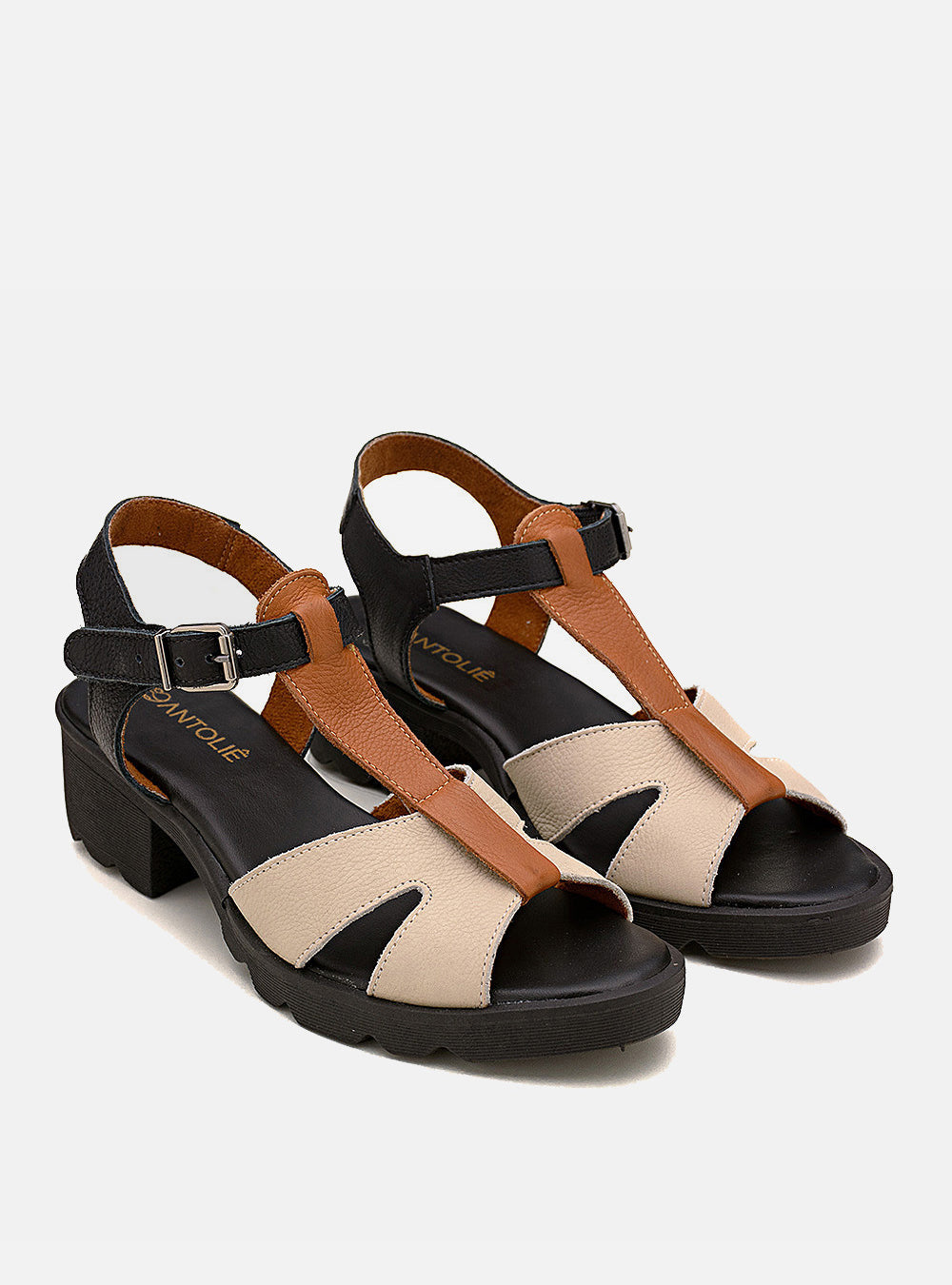 Sandália em Couro Tiras Valentina Off White Caramelo e Preto