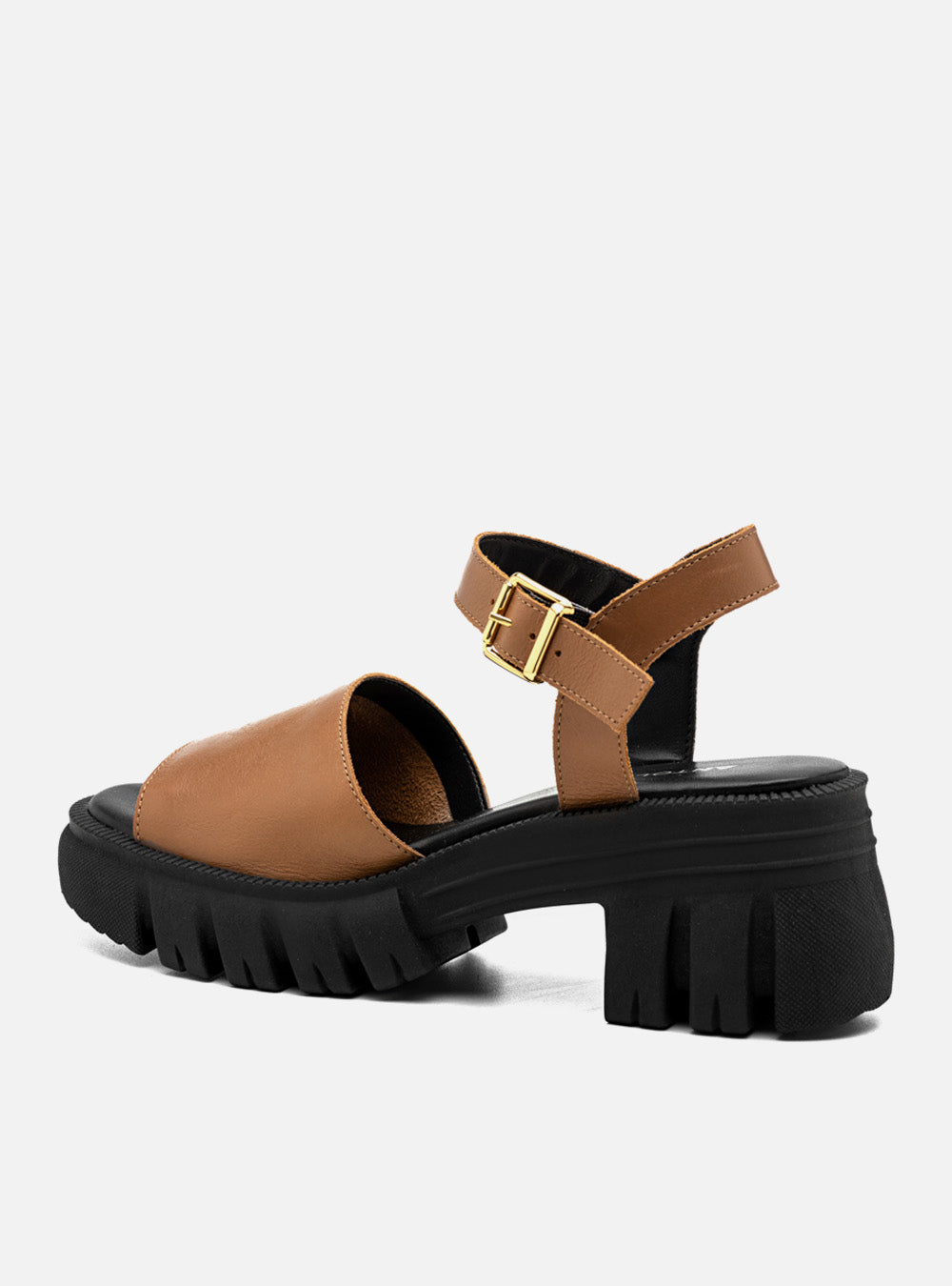 Sandália em Couro Tratorada Maitê Caramelo Tira Lisa